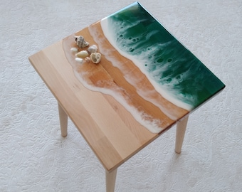 Ocean Wave Epoxy Resin Coffee Table, Square Small Natural Green Modern Wooden Wood  Side End Unique Sofa Low Living Room Bedside Art Table