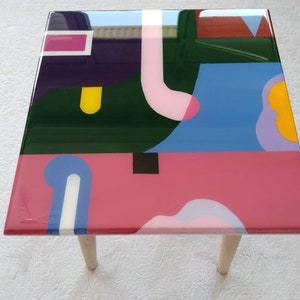 Colorful Epoxy Resin Art Side End Rainbow Coffee Table,Vibrant Funky Groovy Pop Art Table, Wooden Unique Abstract Cool Center Coffee Table
