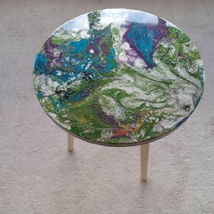 Blue Green Abstract Resin Side Coffee Table ,Unique Wooden Natural Cute Center Table, Art Design Cool Bedside Bedroom Entrway Epoxy Table