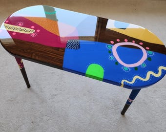 Oval Pink Blue Resin Side Table, Painted Vibrant Modern Solid Wood Art Table
