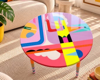 Funky Boho Resin Coffee Table, Round Wood Accent Table