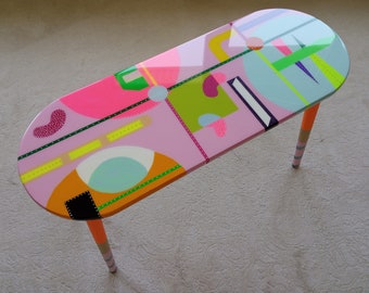 Oval Pink Resin Art Coffee Table, Handmade Neon Painted Boho Side Table
