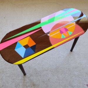 Oval Cool Pink Brown Colorful Resin Side Coffee Table,Wooden Retro Vintage Abstract Painted Pop Art Living Room Handmade Funky Unusual Table