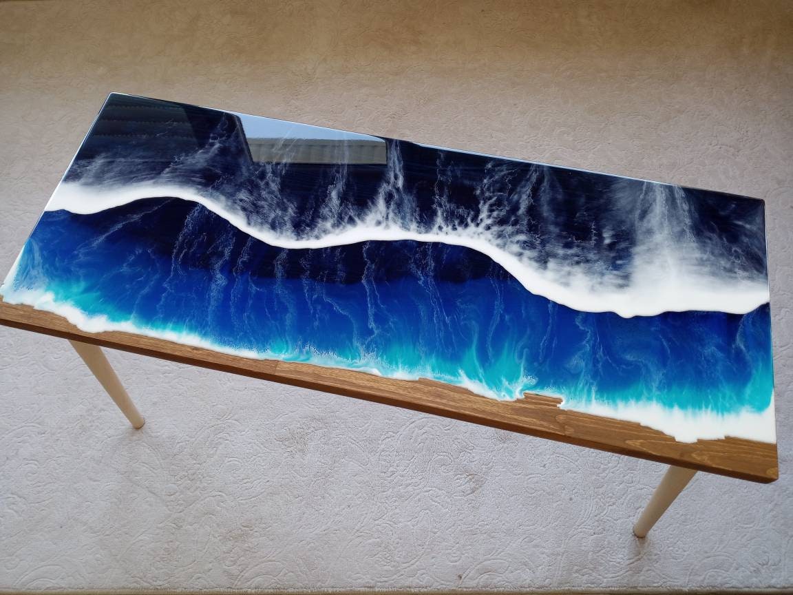 Ocean Wave Resin Side Table, Beach Themed Wood Accent Table - Etsy
