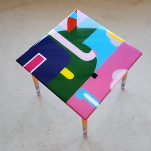 Small Wooden Handmade Resin Cool Side Art Coffee Table,Pink Modern Bedside Living Room Entryway End Colorful Abstract Funky Boho Epoxy Table