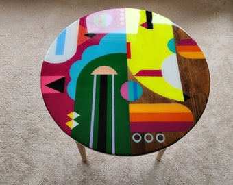 Vibrant Epoxy Resin Colorful Round Side Coffee Table ,Rainbow Funky Groovy Retro Modern Unique Eclectic Abstract Sofa Quirky Neon Art Table