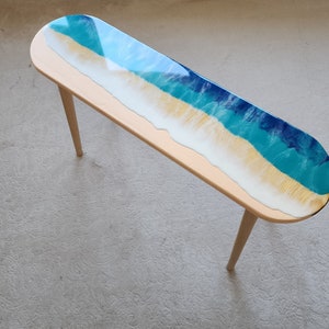 Oval Epoxy Resin Ocean Waves Side Coffee Table, Natural Beach House Decor Blue Coastal Nautical Sea Themed Entryway Bedside Bedroom Table image 9