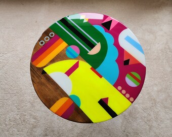 Vibrant Epoxy Resin Colorful Round Side Coffee Table ,Rainbow Funky Groovy Retro Modern Unique Eclectic Abstract Sofa Quirky Neon Art Table