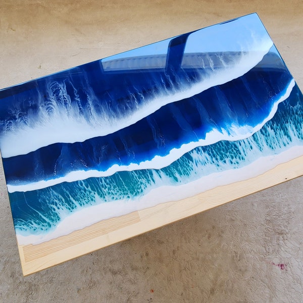 Personalized Live Edge Epoxy Resin Ocean Wave Table, Custom Handmade Furniture, Beach Themed Nautical Coastal Sea Dining Room Coffee Table