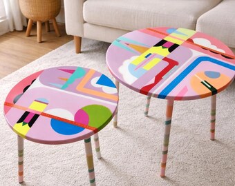 Handmade Round Resin Side Table, Pink Abstract Art, Colorful Epoxy Table