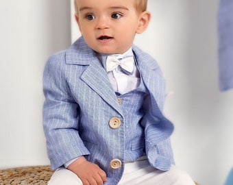 Baby Boys 5-pcs Blue Stripy Suit Wedding Ring Bearer Baptism