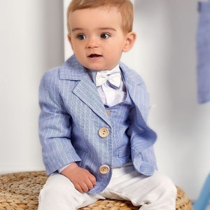 Baby-Jungen-Anzug, 5-teilig, blau, gestreifter Anzug, Eheringträger, Taufe, formelles Party-Set, Outfit
