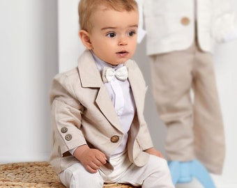 Baby Boys 4-pcs Beige Ivory Linen Suit Wedding Ring Bearer Baptism Christening Formal Party Set Outfit