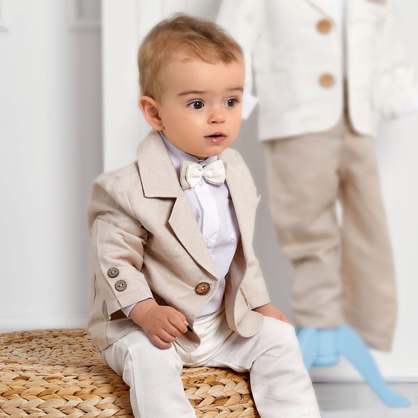 Conjunto de 4 piezas de traje de lino color beige marfil para bebés y niños, portador de anillo de boda, bautismo, bautizo, conjunto de fiesta formal