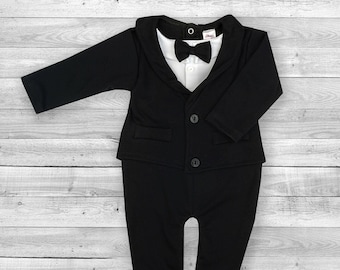 Baby Boy Black All-In-One Suit Wedding Christening Baptism Formal Bodysuit Party Romper Smart One Piece Outfit