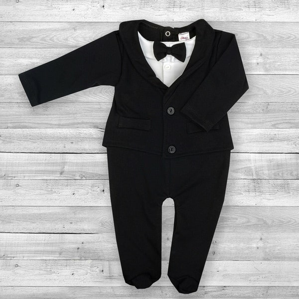 Baby Boy Black All-In-One Suit Wedding Christening Baptism Formal Bodysuit Party Romper Smart One Piece Outfit