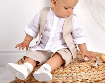 Baby Boys Beige 3-pcs Linen Outfit with Shorts, Grandad Collar Shirt & Waistcoat, Wedding Suit Formal Summer Set Birthday Party