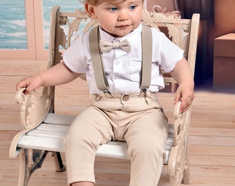 Baby Boys 4-piece Beige Suit Wedding Outfit Ring Bearer Set Baptism Christening Page Boy Outfit with Suspenders / Braces Short Sleeve Shirt