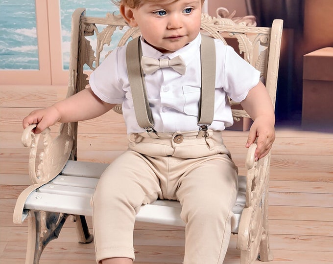 Baby Boys 4piece Beige Suit Wedding Outfit Ring Bearer Set Baptism