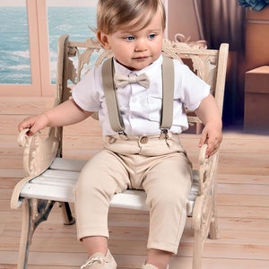 Baby Boys 4-piece Beige Suit Wedding Outfit Ring Bearer Set Baptism Christening Page Boy Outfit with Suspenders / Braces Short Sleeve Shirt