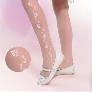 Girls White Patterned Sheer Tights Flower Girl Wedding First Communion Hosiery 20 DEN