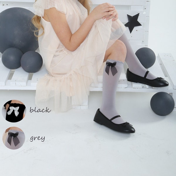 Girls Toddler Black or Grey Knee High Elastane Socks with Bow Wedding Flower Girl First Communion Formal Party Dress SIZE 2-14yrs