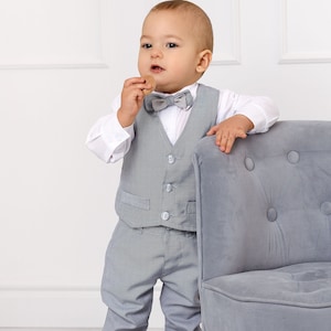 Baby Boys 4-pcs Grey Suit Wedding Ring Bearer Baptism Christening Formal Party Outfit Waistcoat Set