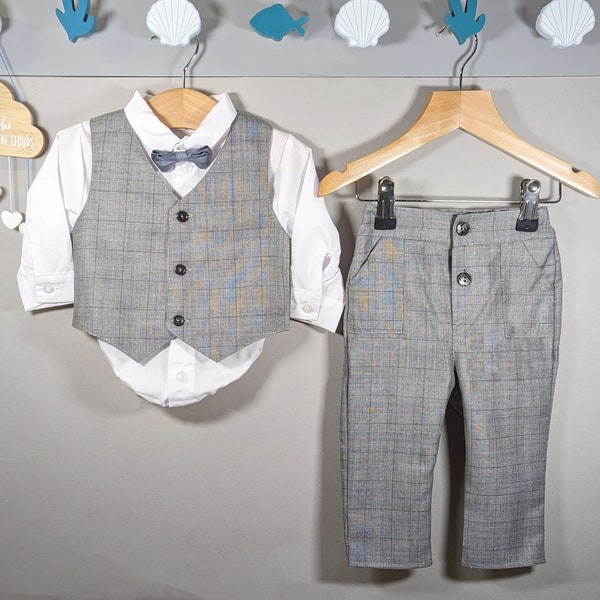 Baby Boys Grey Checker Outfit Smart Set Formal Suit Wedding Christening Baptism