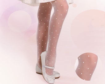 Girls White Dotted Patterned Sheer Tights with Dots Flower Girl Wedding First Communion Hosiery 20 DEN