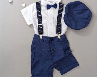 Boys 5pcs Navy Checker Formal Outfit Set with Shorts Summer Suit Wedding Christening Baptism