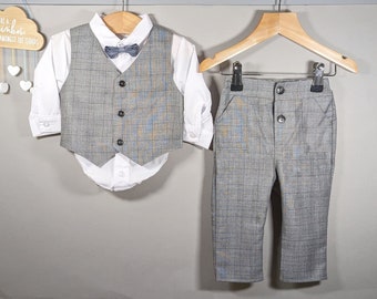 Baby Boys Grey Checker Outfit Smart Set Formal Suit Wedding Christening Baptism