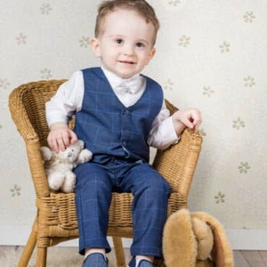 Baby Boy Navy Checker 4-piece Suit Smart Outfit Boys Formal Set Baby Wedding Suit Boys Christening Baptism Clothes Ring Bearer Outfit