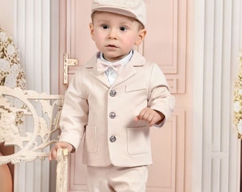 Baby Boys 5-pcs Beige Suit Wedding Ring Bearer Outfit Baptism Christening Page Boy Formal Party Set