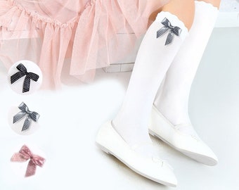 Girls Toddler White Knee High Elastane Socks with Black,Grey or Pink Bow Wedding Flower Girl First Communion Formal Party Dress size 2-14yrs