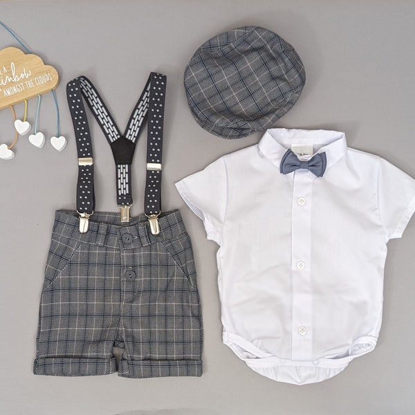 Boys 5pcs Grey Checker Formal Outfit Set with Shorts Summer Suit Wedding Christening Baptism