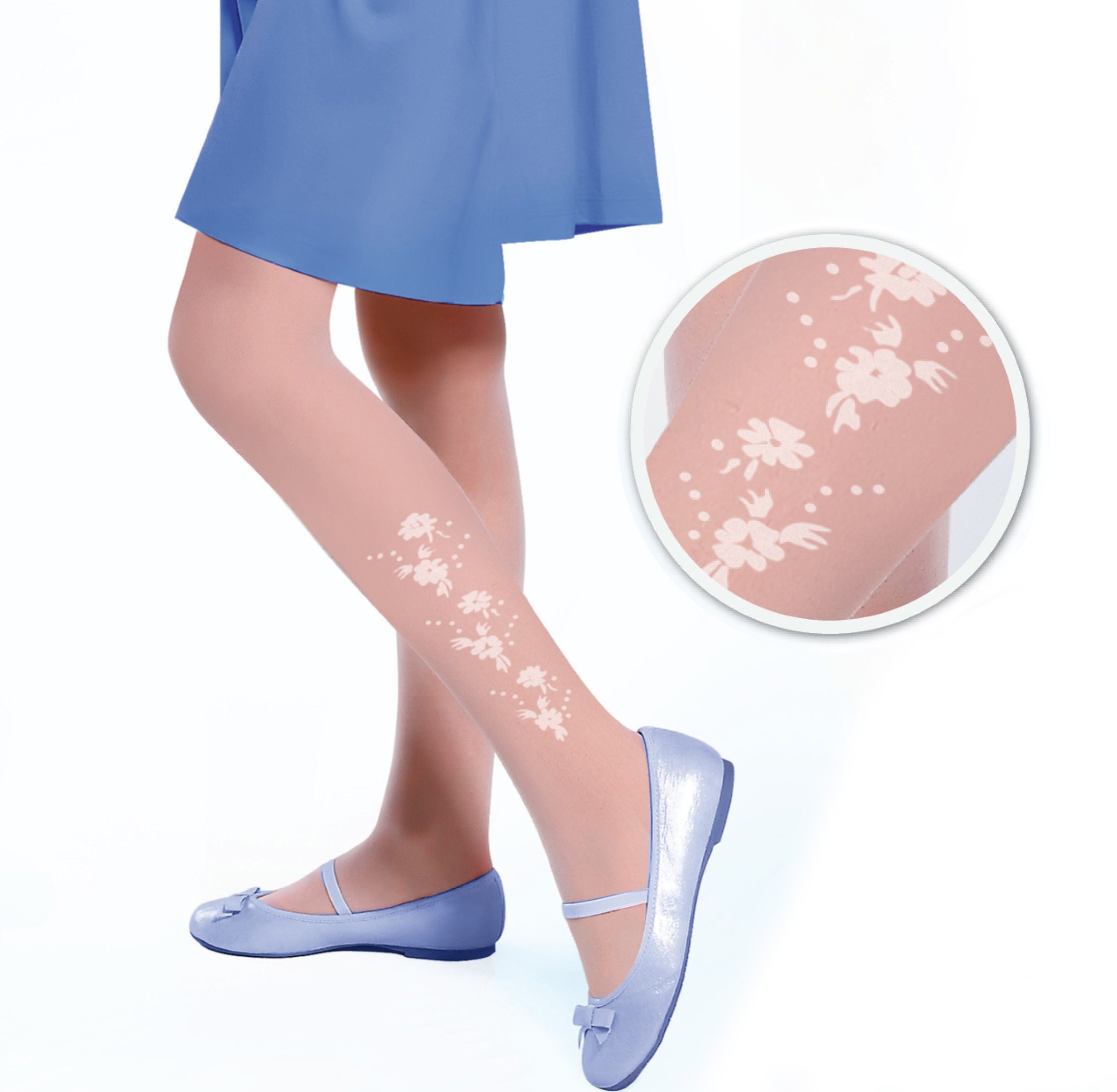 Blume Strumpfhose 5-10 Jahre Mädchen Weiße Gemusterte Strumpfhose | 20 DEN Durchsichtige Blumenstrumpfhose | Für Kommunion 5-10+ Jahre Maya & Oskar Strumpfhose