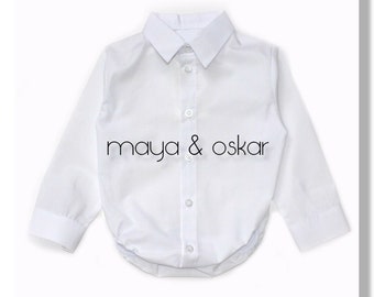 Baby Boy White Smart Dress Shirt Formal Bodysuit Bodyshirt Long Sleeve Wedding Baptism Christening Ring Bearer Party