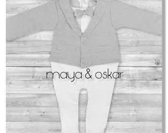 Baby boy grey all-in-one suit wedding christening formal party samrt outfit