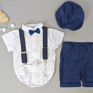 Meninos 5 peças Navy Checker Conjunto de roupa formal com shorts Terno de verão Casamento Batismo