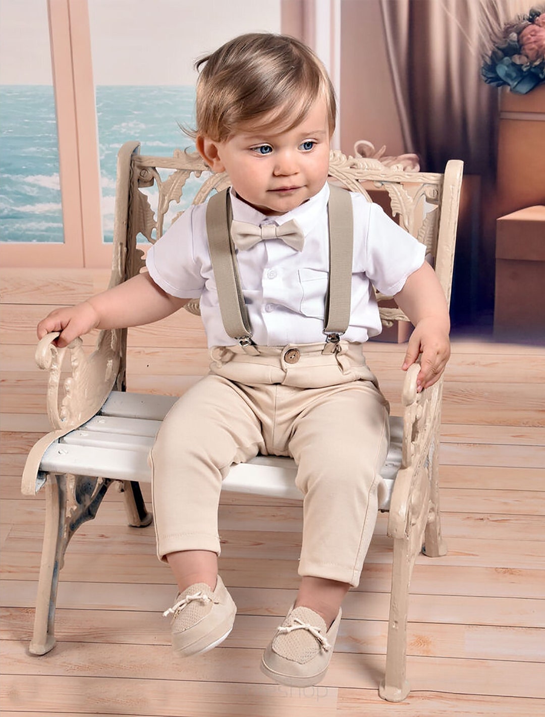 Baby Boys 4piece Beige Suit Wedding Outfit Ring Bearer Set Baptism