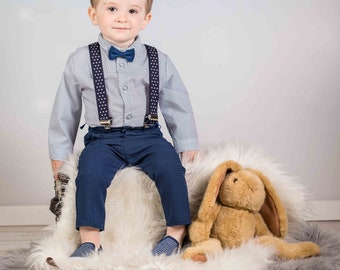 4-pcs Baby Boy Navy Smart Outfit Formal Suit Bodyshirt Braces Wedding Party Birthday 0-3yrs