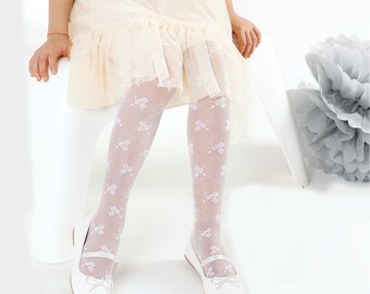 Girls White Patterned Sheer Tights Flower Girl Bridesmaid Wedding First Communion Formal Party Hosiery 20 DEN