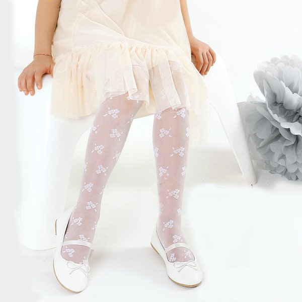 Girls White Patterned Sheer Tights Flower Girl Bridesmaid Wedding First Communion Formal Party Hosiery 20 DEN