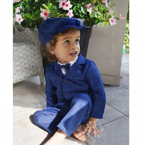 Traje de cuadros azul marino para bebés y niños, conjunto formal, portador de anillos, boda, bautizo, fiesta, página para niño