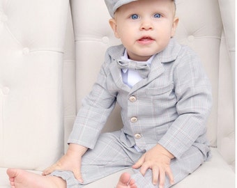 Ensemble 5 pièces gris pour bébé garçon avec veste Costume de mariage Baptême et baptême Tenue de soirée formelle porteur d'alliances