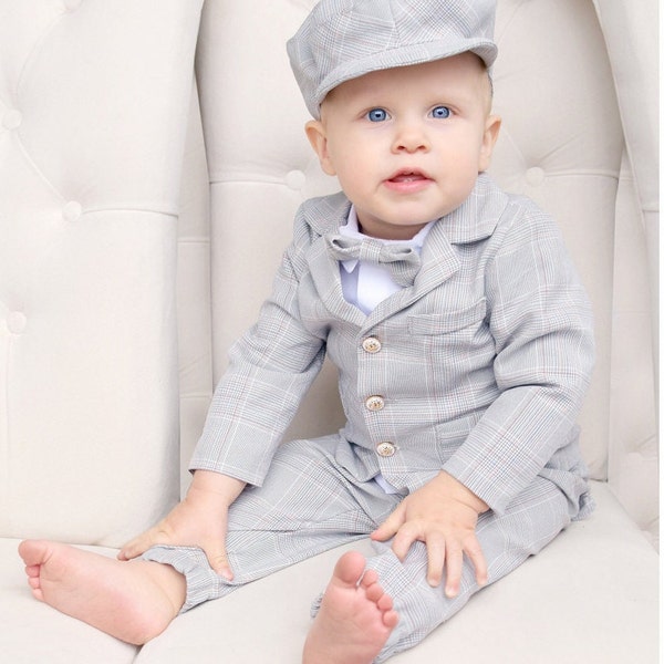 Ensemble 5 pièces gris pour bébé garçon avec veste Costume de mariage Baptême et baptême Tenue de soirée formelle porteur d'alliances