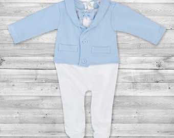 Baby Boy Blue and White All-in-One Suit Tuxedo Wedding Christening Formal Party Set Smart Outfit 0-9mths