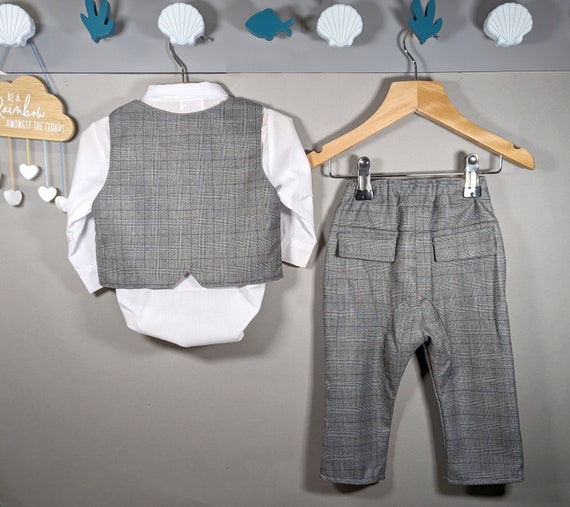 Baby Boys Grey Checker Outfit Smart Set Formal Suit Wedding