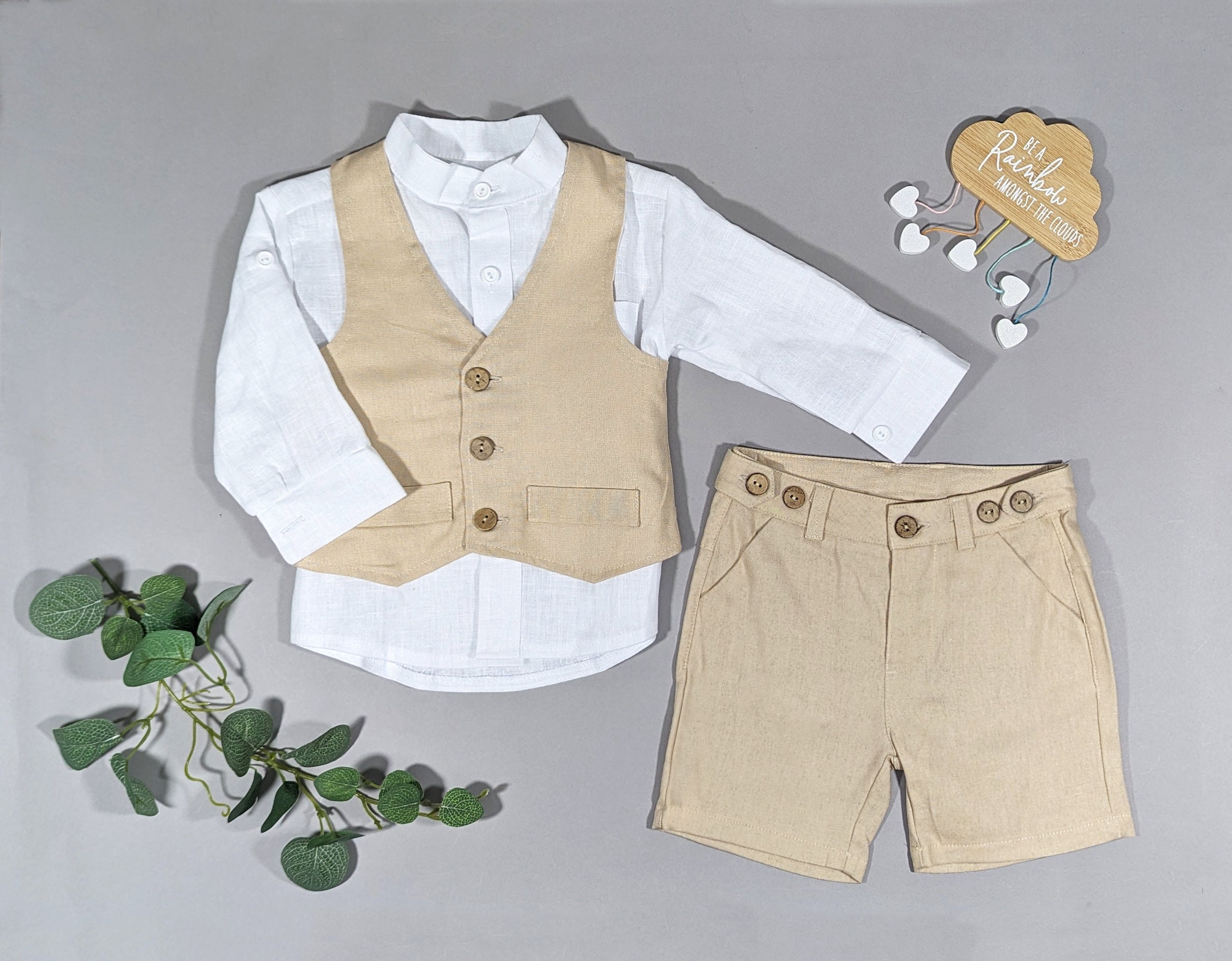 Completo Estivo Neonato 2 Pezzi - Camicia Maniche Corte E Pantaloncini In Cotone E Lino - Foto 9