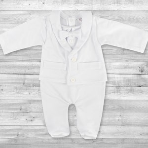 Traje blanco todo en uno para bebé niño, mono de boda, bautizo, fiesta formal, elegante, mono de una pieza